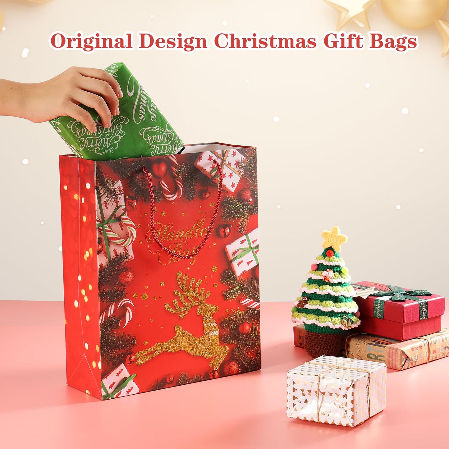 Rusikia 12 Christmas Gift Bags with 12 Tissues and 1 Satin Ribbon - Medium