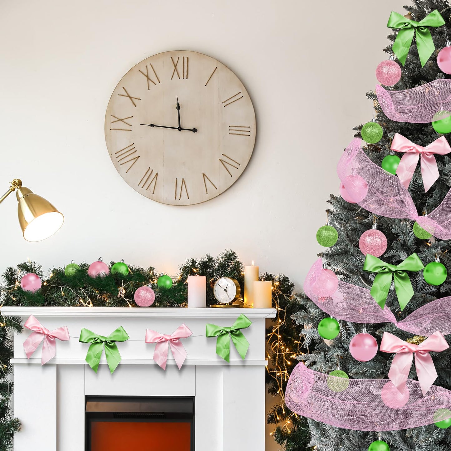 Cinrobiye Christmas Tree Decoration Set Including 48 Christmas Ornaments Balls,12 Bows,Tree Topper,Tree Skirt,Mesh Ribbon for Xmas Trees Holiday Party Garland Indoor DIY (Pink&Green)