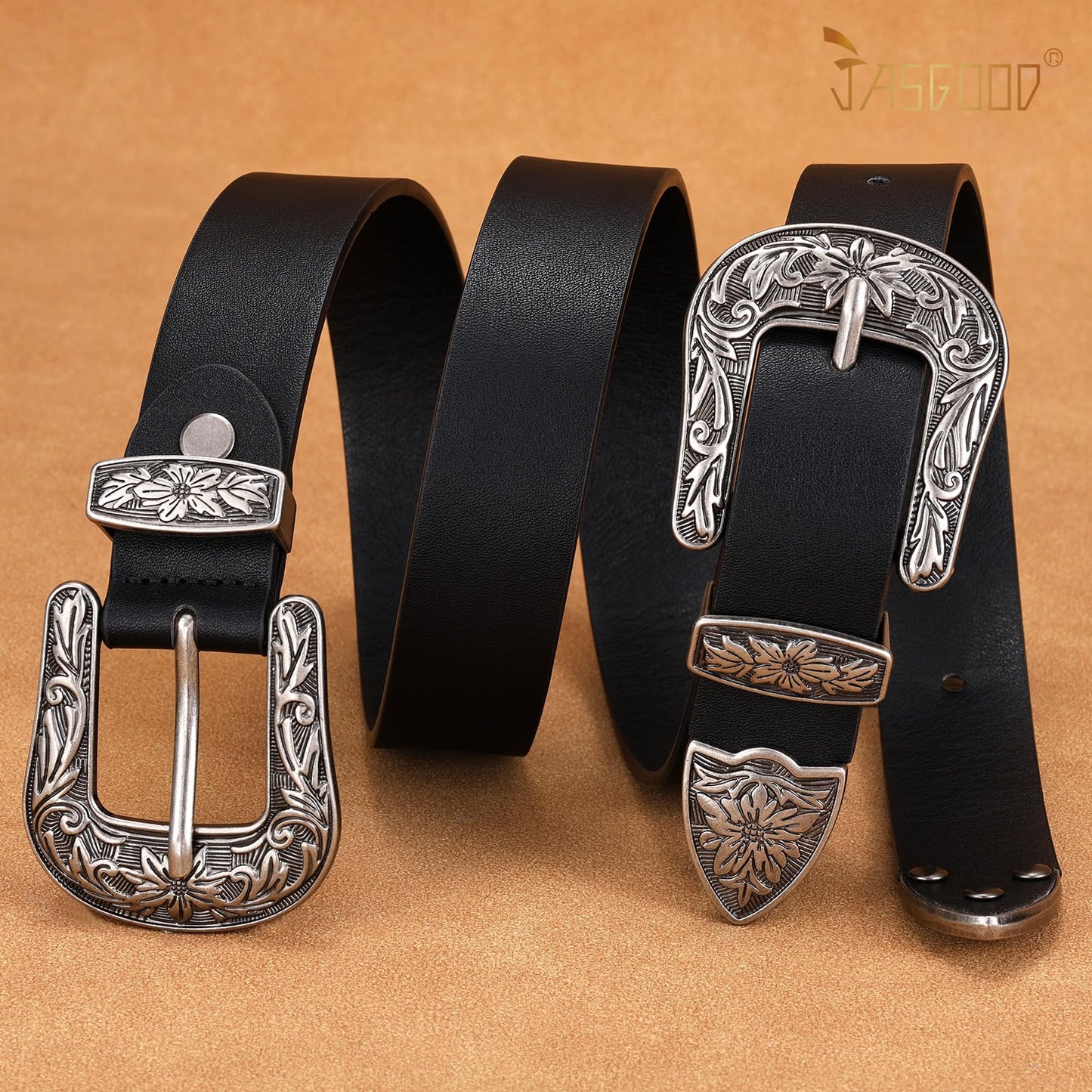 JASGOOD Double Buckle Western Belts for Woman Cowgirl Country Belt Vintage Black Leather Belt for Jeans Pants Dresses, Black