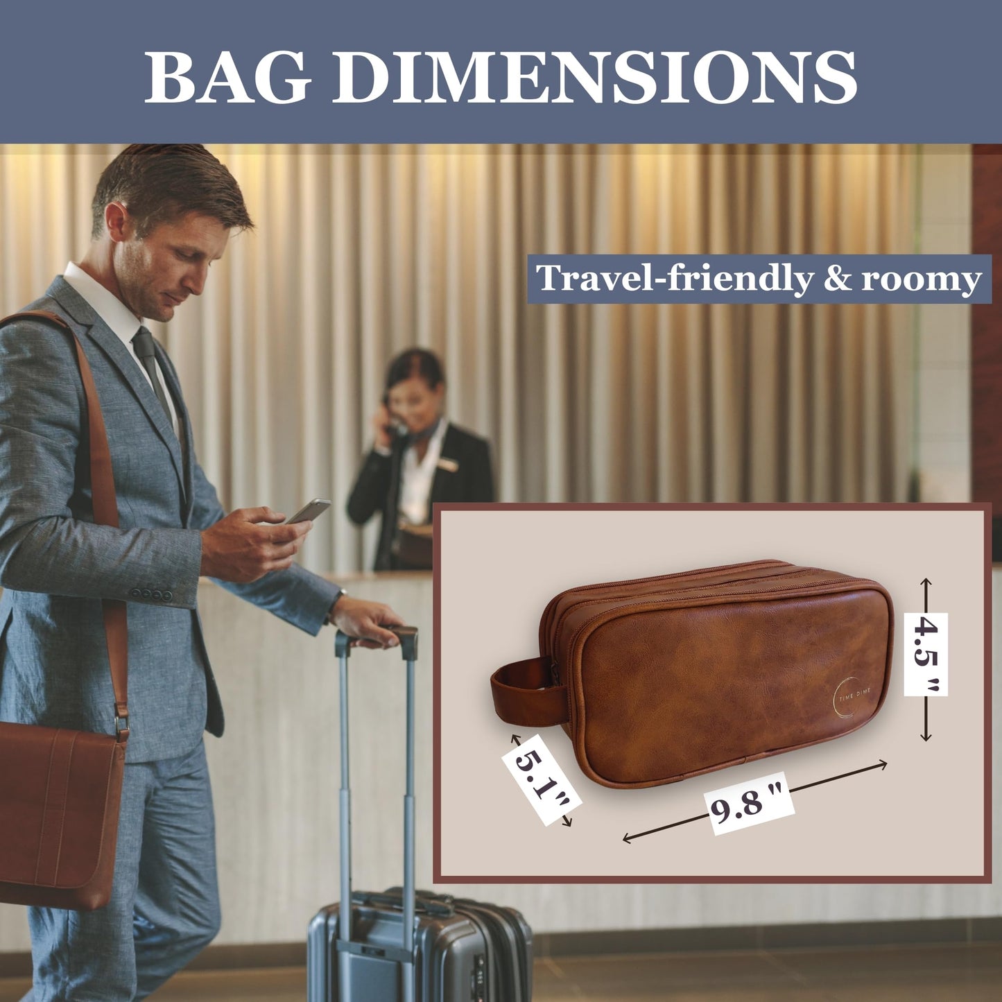Time Dime Premium Men’s Toiletry Bag with Drawstring Pouch – Durable Water-Resistant Leather-Look Travel Organizer for Shaving, Grooming & Hygiene Essentials (Chestnut Brown)