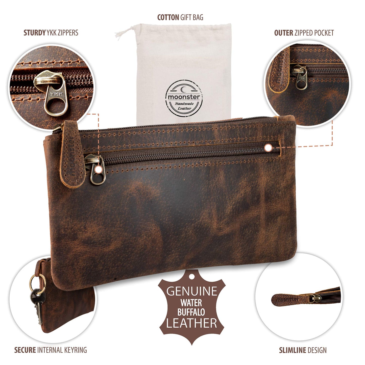 moonster Leather Pencil Case Pouch 8" x 4" - Leather Pen Case with Zipper