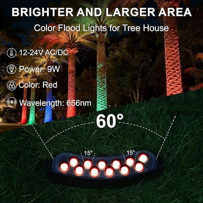 Low Voltage Landscape Flood Lights, Red Light 9W 12V Wired Outdoor LED Color Floodlights for Uplighting Palm Tree House Flag Wall Washer, Super Bright, Unique Design, Aluminum, Black, 6Pack