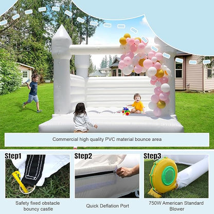 White Bounce House Castle with Air Blower 13FT, PVC Inflatable Bouncy Castle White Jumper Bouncy Castle Wedding Decorations Jumping Bed for Party Birthday(13FT x 11.5FT x 10FT)
