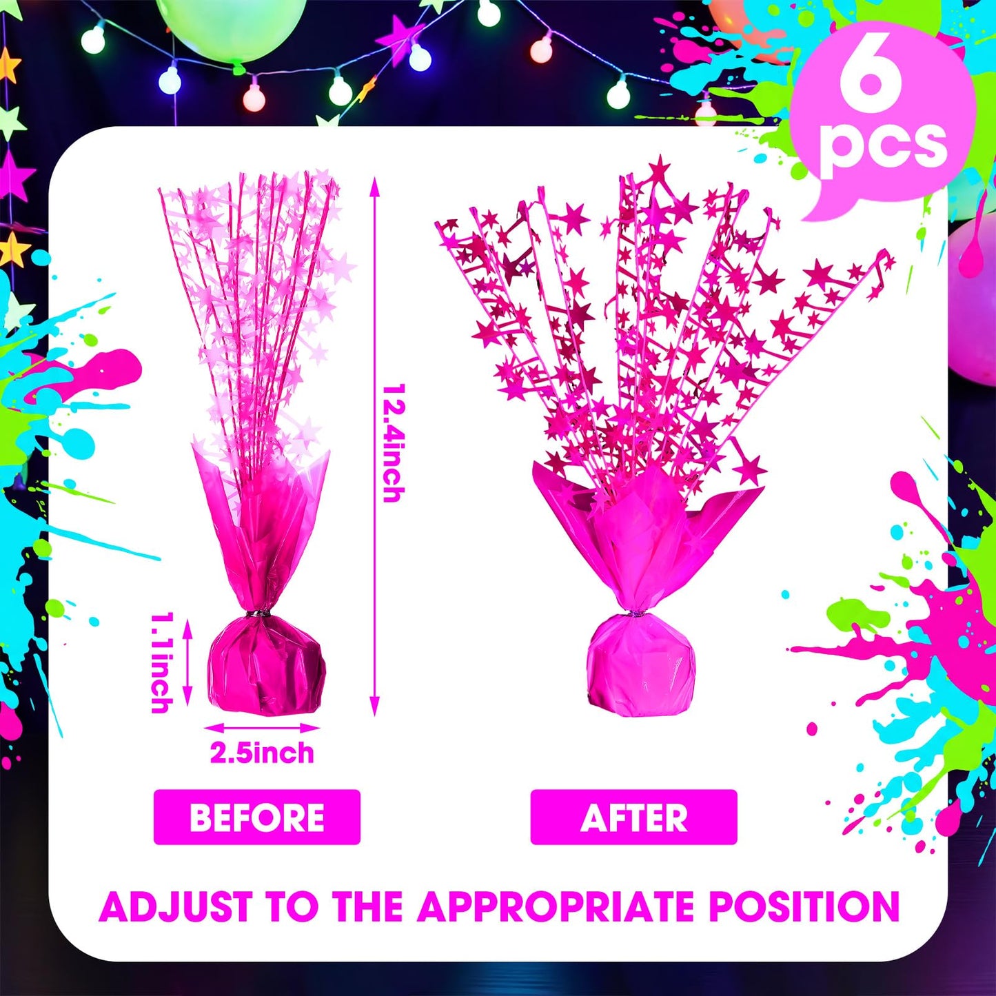 FineCheer 6 Pack Glow in The Dark Centerpieces Neon Birthday Party Decoration Metallic Foil Spray Star Tabletop Fluorescence Party Supply Under UV Light for Graduation Back to Classroom Birthday