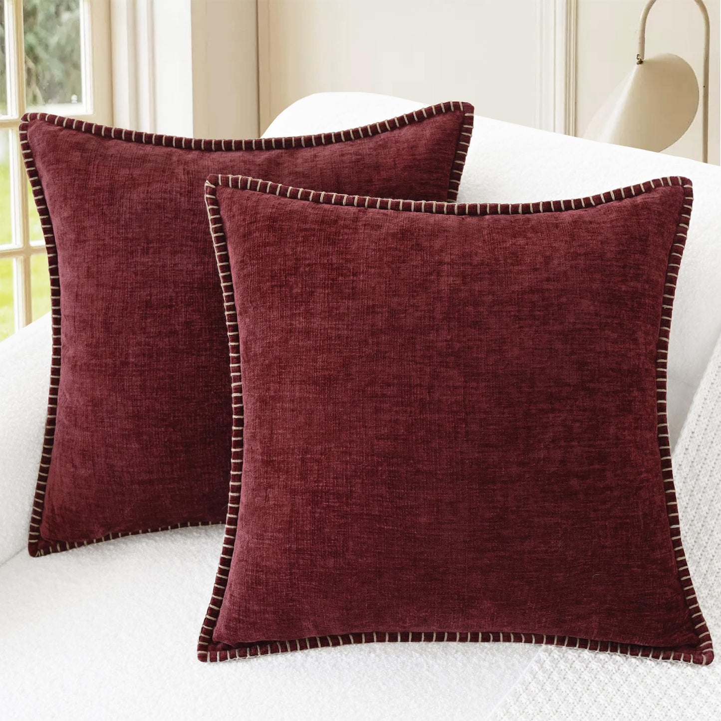 CaliTime Christmas Throw Pillow Covers Decorative 18 X 18 Inches Pack of 2 Cotton Thread Stitching Edges Solid Dyed Soft Chenille Cushion Cases for Couch Sofa Bed Living Room Farmhouse Burgundy