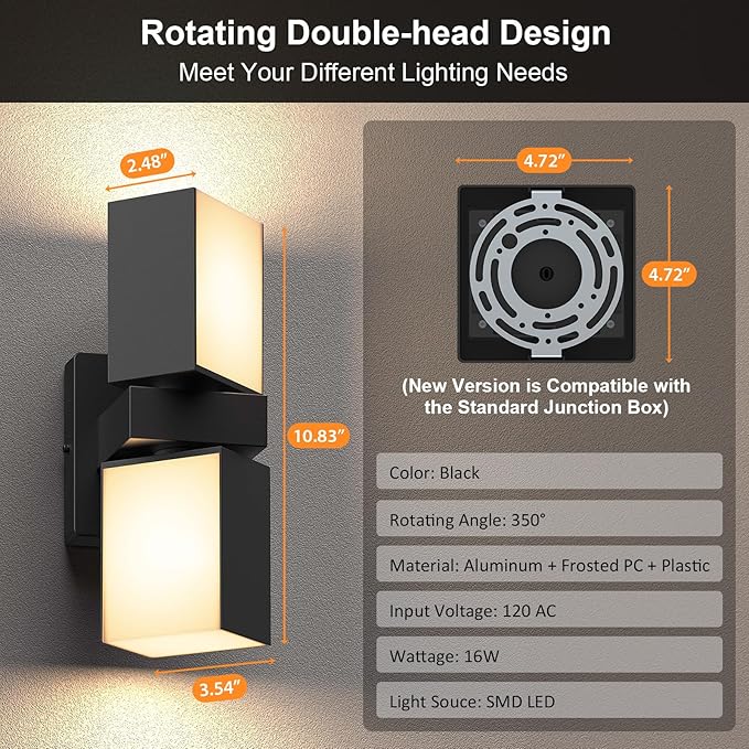 XMCOSY+ Outdoor Wall Light, 1400LM Smart RGBCW Outdoor Wall Sconce Lights, Adjustable Dual-Head LED Porch Light, WiFi APP Control, Alexa Compatible, IP65 Waterproof Outside Lights for House, 2 Pack