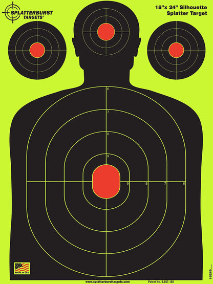 Splatterburst Targets - 18 x 24 inch - Silhouette Shooting Target - Shots Burst Bright Fluorescent Yellow Upon Impact - Gun - Rifle - Pistol - Airsoft - BB Gun - Air Rifle - Made in USA (50 Pack)
