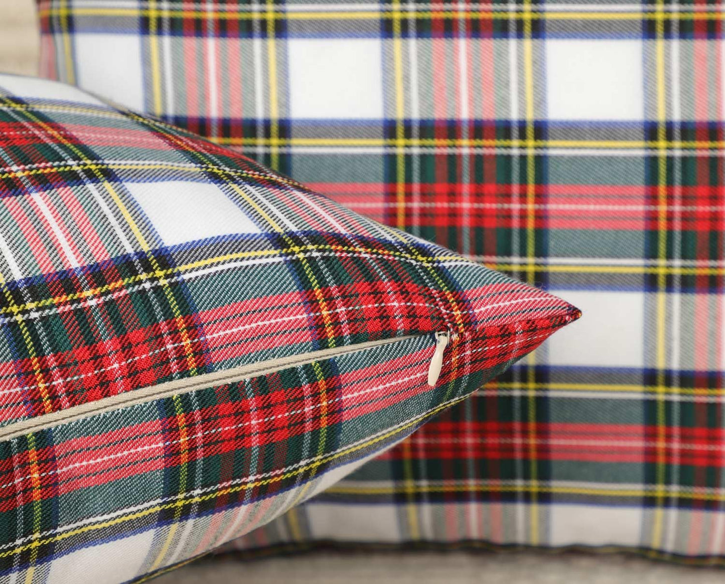 4TH Emotion Set of 2 Christmas Scottish Tartan Plaid Throw Pillow Covers Cushion Case Polyester for Farmhouse Home Decor Red and White, 18 x 18 Inches