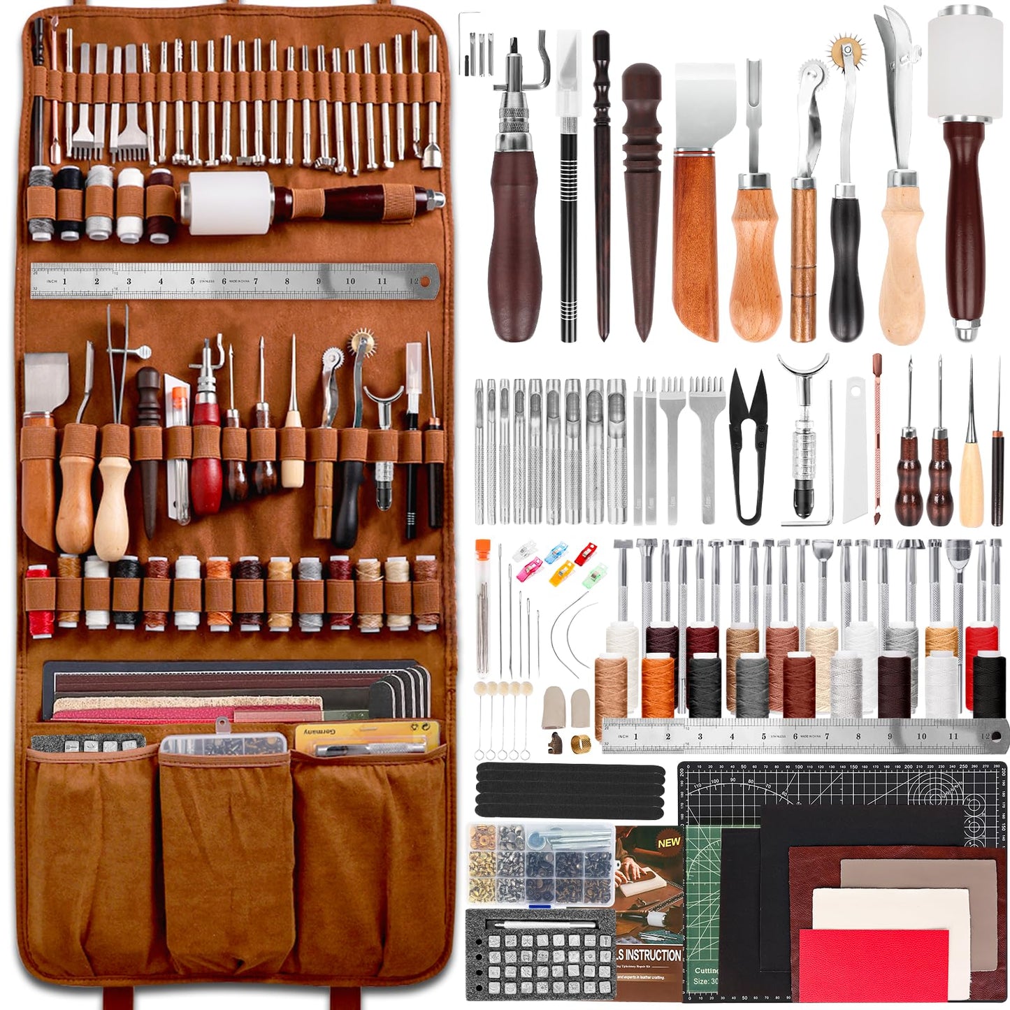 ZAMQIU Leather Working Kit, 155-Piece Leather Tooling Kit with Carving Stamping Sewing Punching Cutting, Leatherworking Tool Set for Beginners, DIY Craft Starter Set for Wallet, Belt, Bag Making