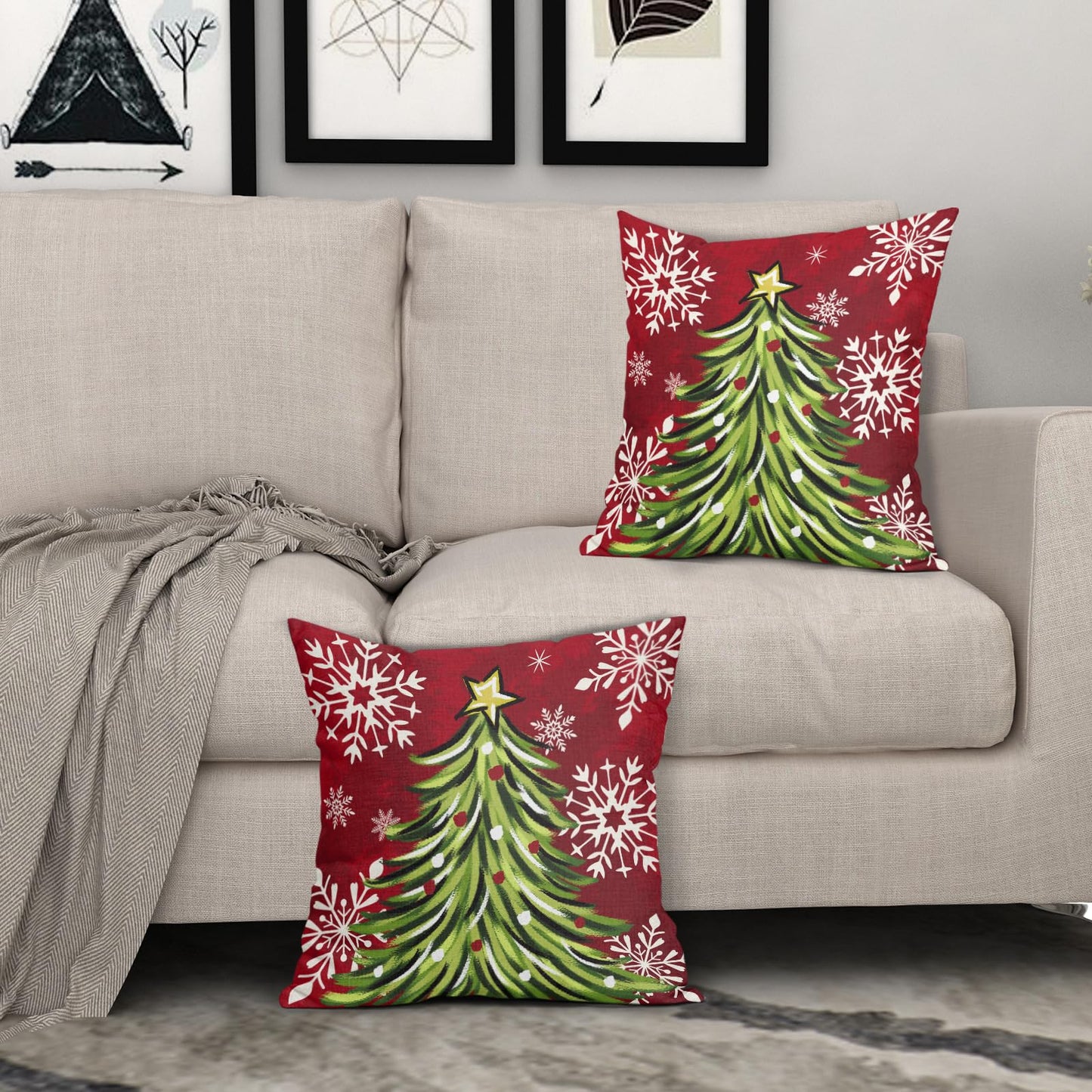 Sivirary Christmas Pillow Covers 18x18 Inch Set of 2 Dark Red Green Xmas Tree Snowflake Holiday Decorative Winter Throw Pillowcases Outdoor Seasonal Farmhouse Cushion Cases Decor for Sofa Couch Bed