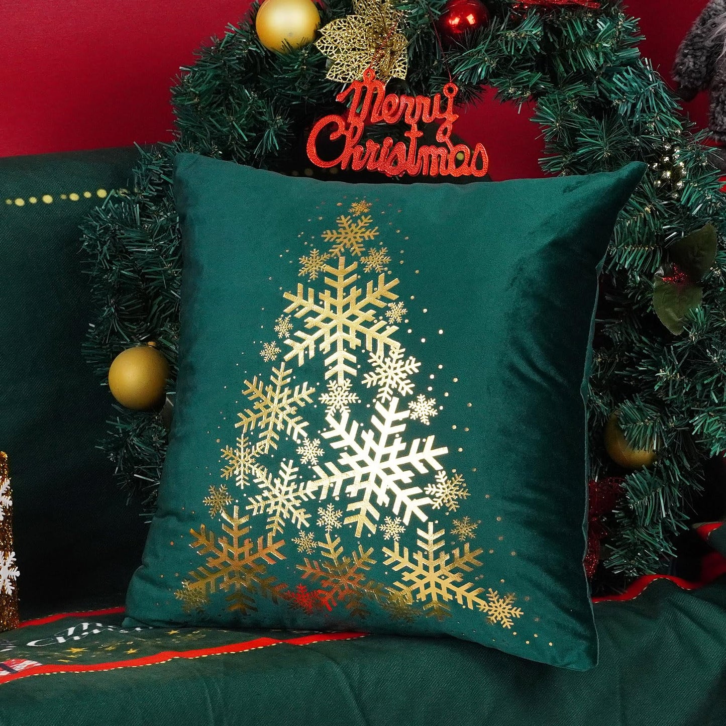 ONWAY Green Christmas Decorations Gold Throw Pillow Covers 20x20 Set of 4 Snowflakes Reindeer Decorative Cushion Cases Xmas Golden Decor for Couch Sofa Bedroom
