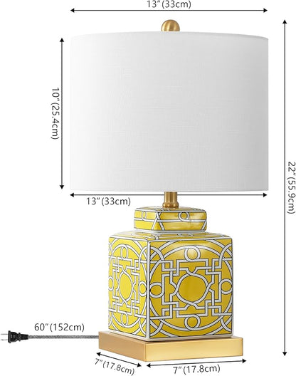JONATHAN Y JYL3044C Catherine 22" Modern Transitional Ceramic/Metal Square Ginger Jar LED Table Lamp, Yellow/White for Bedroom, Living Room, Office, College