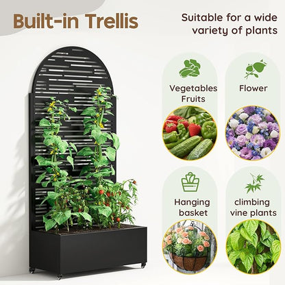 Metal Raised Garden Bed with Trellis & Wheels,72" x 35"x 15.7" Planter Box with Trellis,Privacy Planters for Patio,Garden Bed for Climbing Plants,Suitable for Climbing Plants and Vegetables,Black