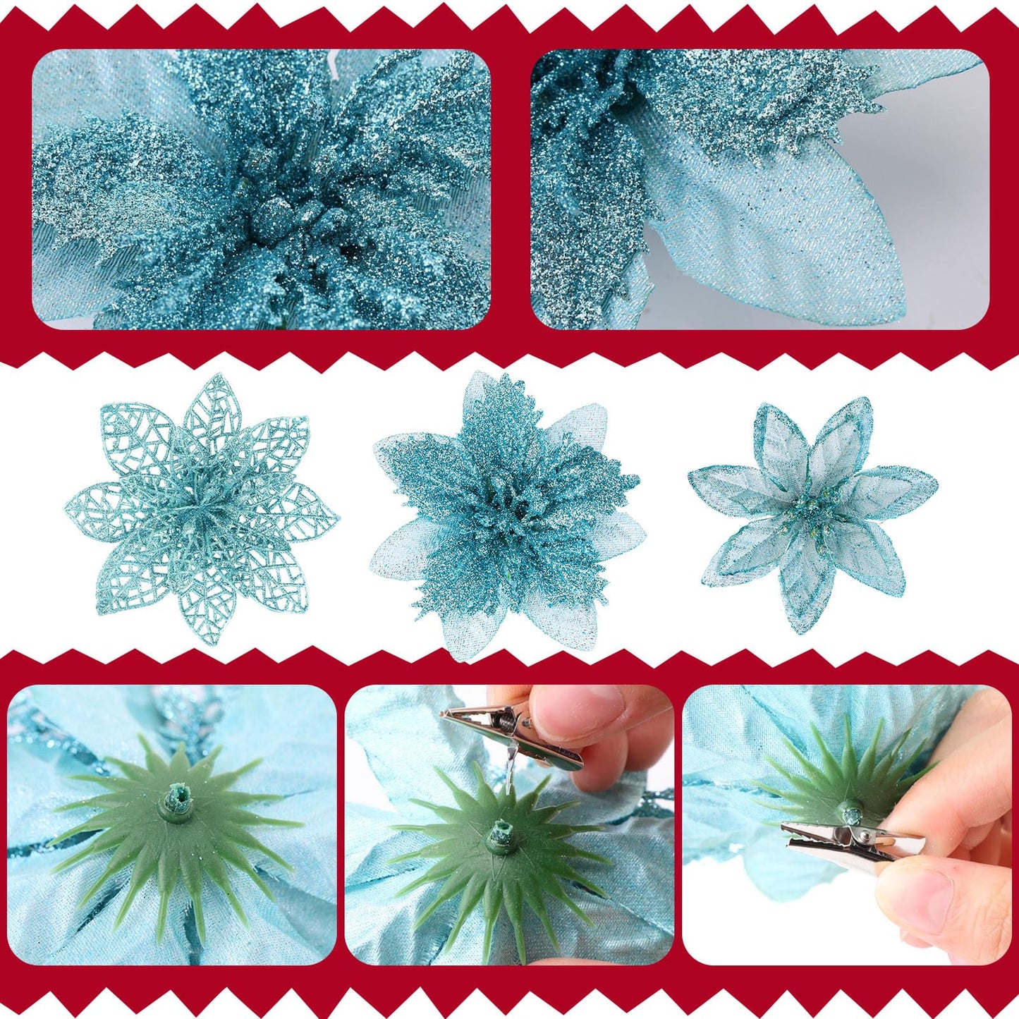 Zeyune 48 Pcs 3 Styles Christmas Glitter Poinsettia Flowers Artificial Berry Picks Artificial Christmas Flowers with Clips for Xmas Tree Wedding Wreath Holiday Party Decorations(Light Green)