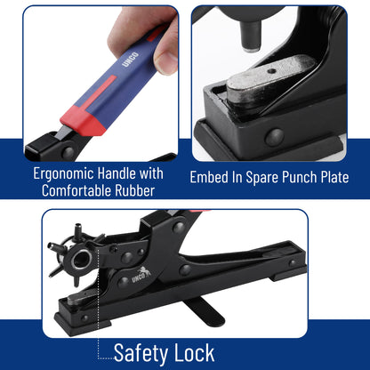 UNCO- Desktop Leather Hole Punch Tool, 6 Punch Sizes, Belt Hole Puncher for Leather, Dog Collars, Watch Straps, Footwear, Fashion Accessories and Crafting