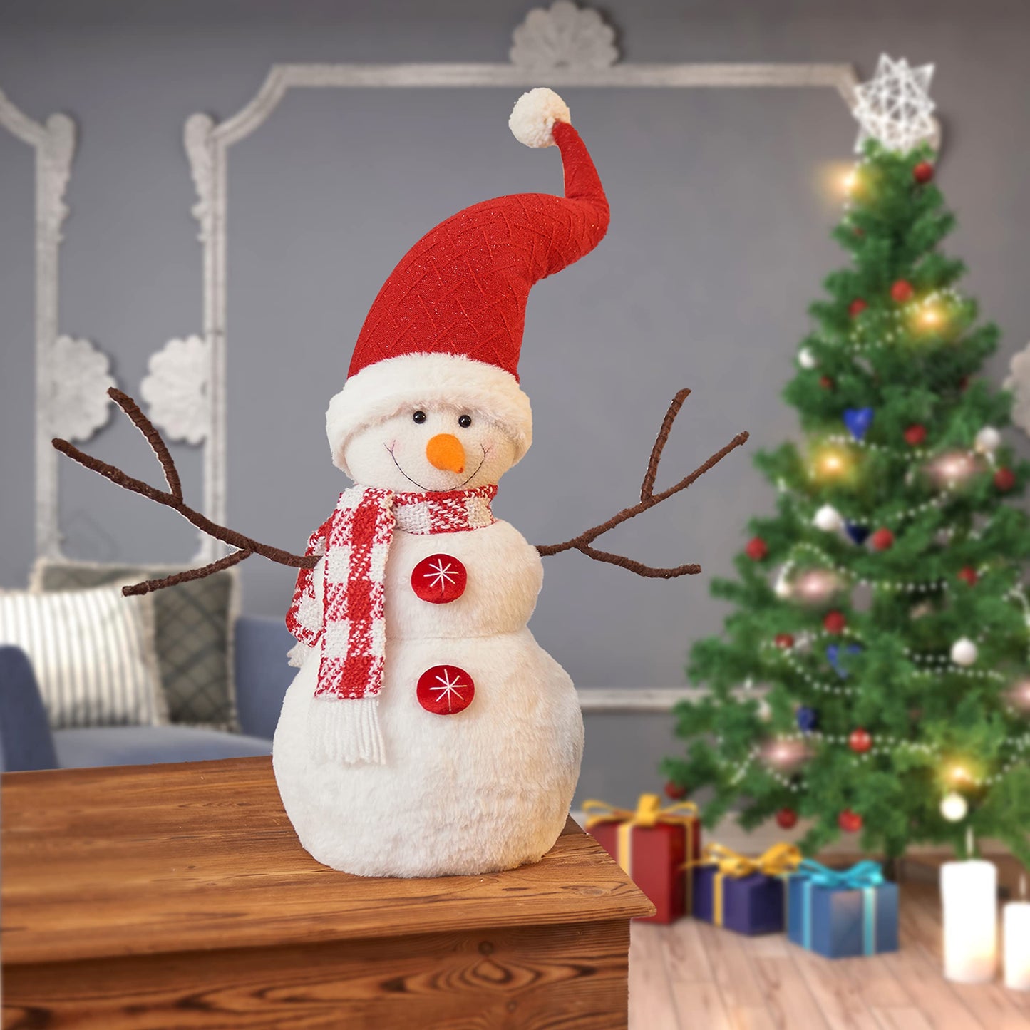 WORLDECO Snowman Christmas Decorations with Bowler Hat, Xmas Handmade Plush Ornaments for Indoor, Home and Holiday