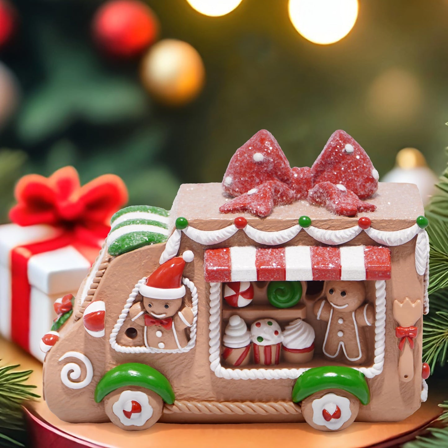 Hodao Gingerbread Sweets Truck Figurine – Resin Christmas Decorations for Home, Indoor Tabletop Decor, Candy & Cupcake Details, Cute Holiday Ornaments, Mini Collectible Gift for Families
