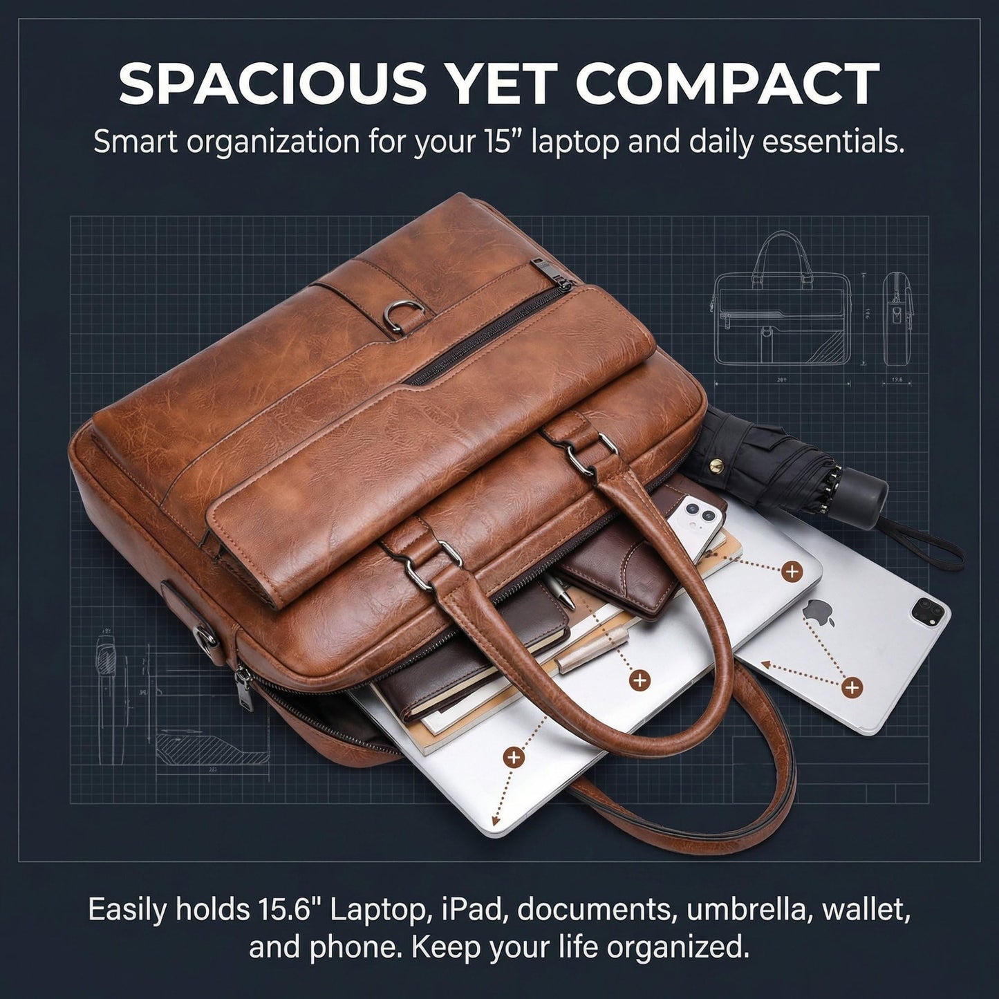 JINGTIANCD Men's Faux Leather Laptop Bag 15.7 Inch, Water-Resistant Briefcase Messenger Bag for Work, Business, Travel | Adjustable Shoulder Crossbody Office Satchel(Deep Khaki)