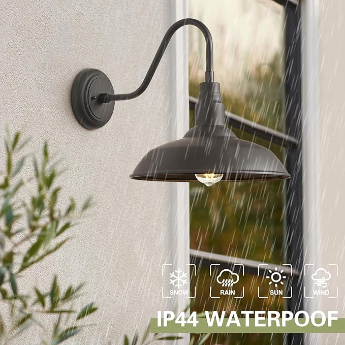 14in Dome Outdoor Gooseneck Lights for Barn, Dark Bronze Exterior Farmhouse Light Fixture with Wall Mount, Outside Goose Neck Wall Sconce for Patio, Porch, Entryway