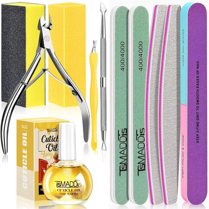 TsMADDTs Manicure Tools Kit Nail Care Kit with 3PCS Files, 2PCS Buffer Blocks, 2PCS Polishing Buffers, Cuticle Nipper, Pusher and Cuticle Oil