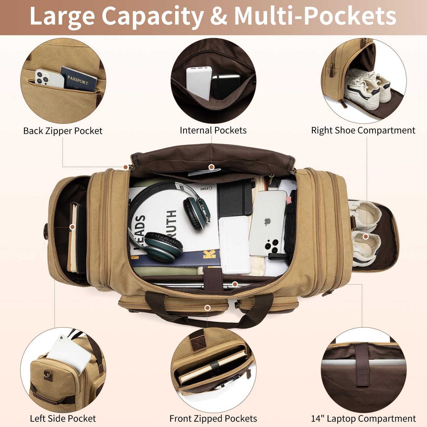 Mens Duffle Bag for Travel 60L Expandable Canvas Weekender Overnight Travel Duffel Bag with Shoe Compartment Carry-On for Airplanes Khaki