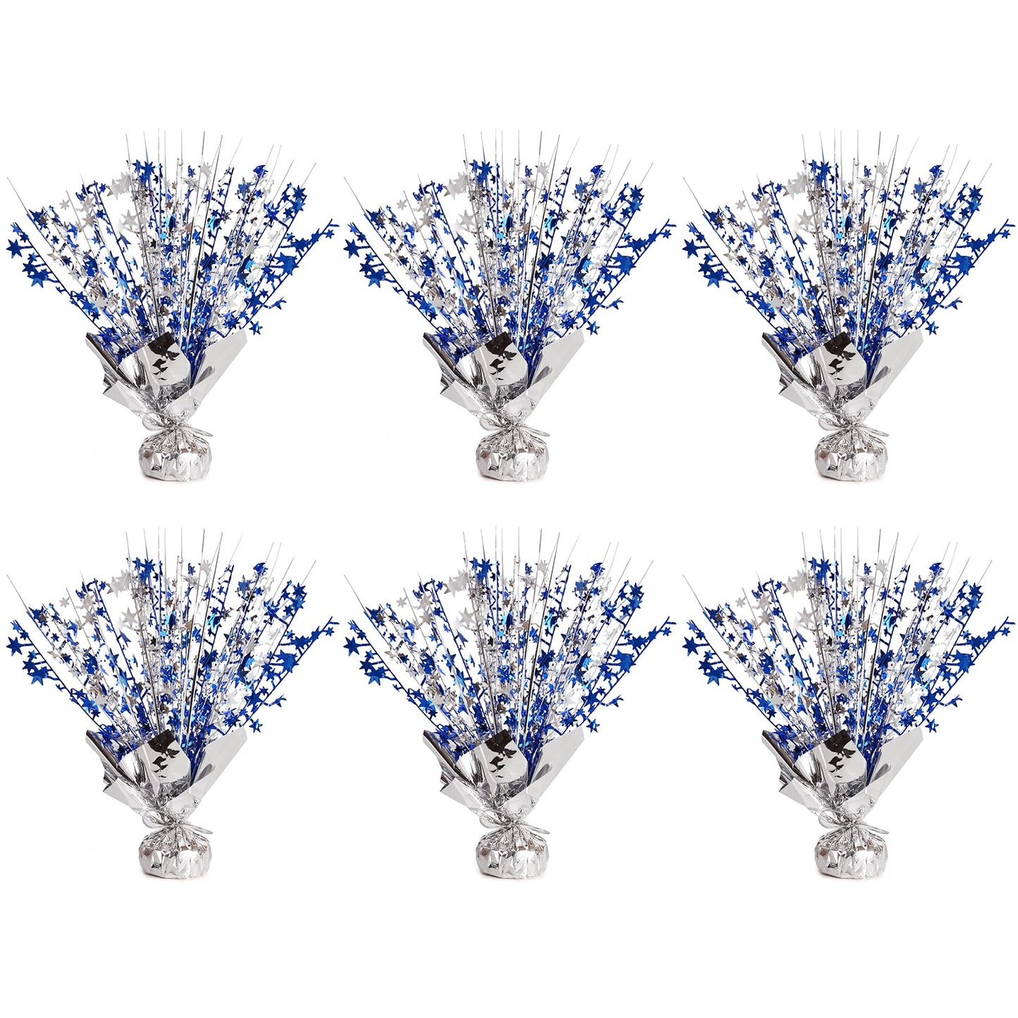 6 Pack Metallic Foil Spary Centerpieces for Tables, Silver Navy Blue Centerpieces for Tables Decorations, Star Brust Table Centerpieces for Birthday Graduation Wedding Baby Shower Party