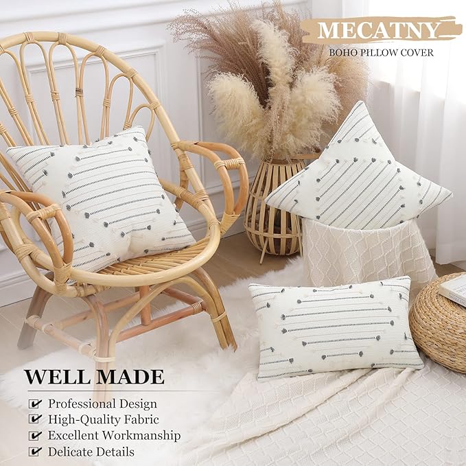 Mecatny Boho Outdoor Throw Pillow Covers 12X20 Set of 2, Farmhouse Lumbar Pillow Covers for Couch Sofa Living Room, Beige & Grey