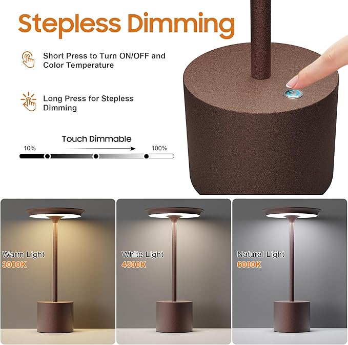 Cordless Table Lamp, Portable Rechargeable 6000mAh Outdoor Table Lamp, 3 Color Stepless Dimming Battery Powered Lamp, LED Table Light for Dinner/Bedroom/Restaurant/Outdoor (Rust)