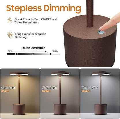 Cordless Table Lamp, Portable Rechargeable 6000mAh Outdoor Table Lamp, 3 Color Stepless Dimming Battery Powered Lamp, LED Table Light for Dinner/Bedroom/Restaurant/Outdoor (Rust)