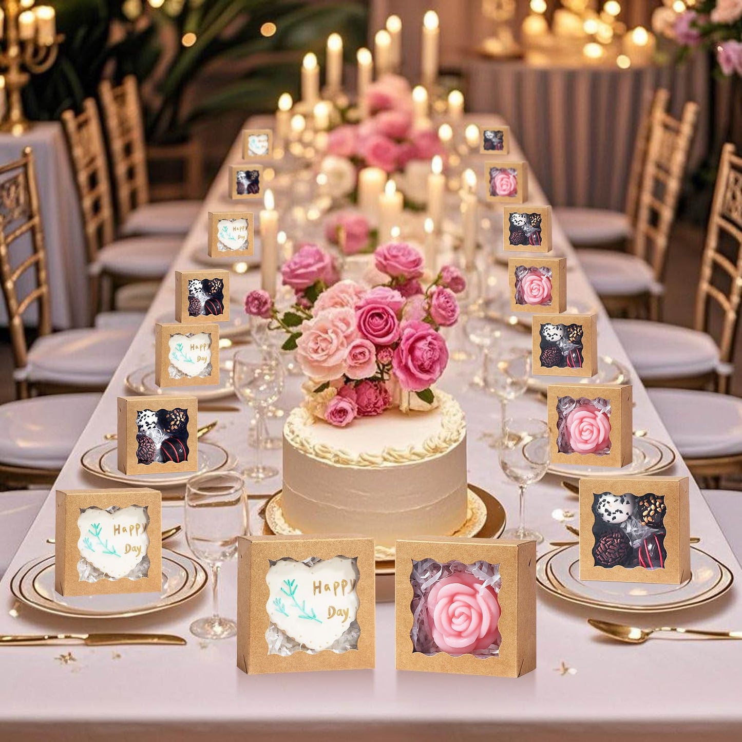 RomanticBaking 3 ¼" x 3 ¼" x 1 ½" 50PCS Chocolate Truffle Boxes for 4,Mini Bakery Boxes with Window for Brownie,Cookies, Soap, Donut,Macaron