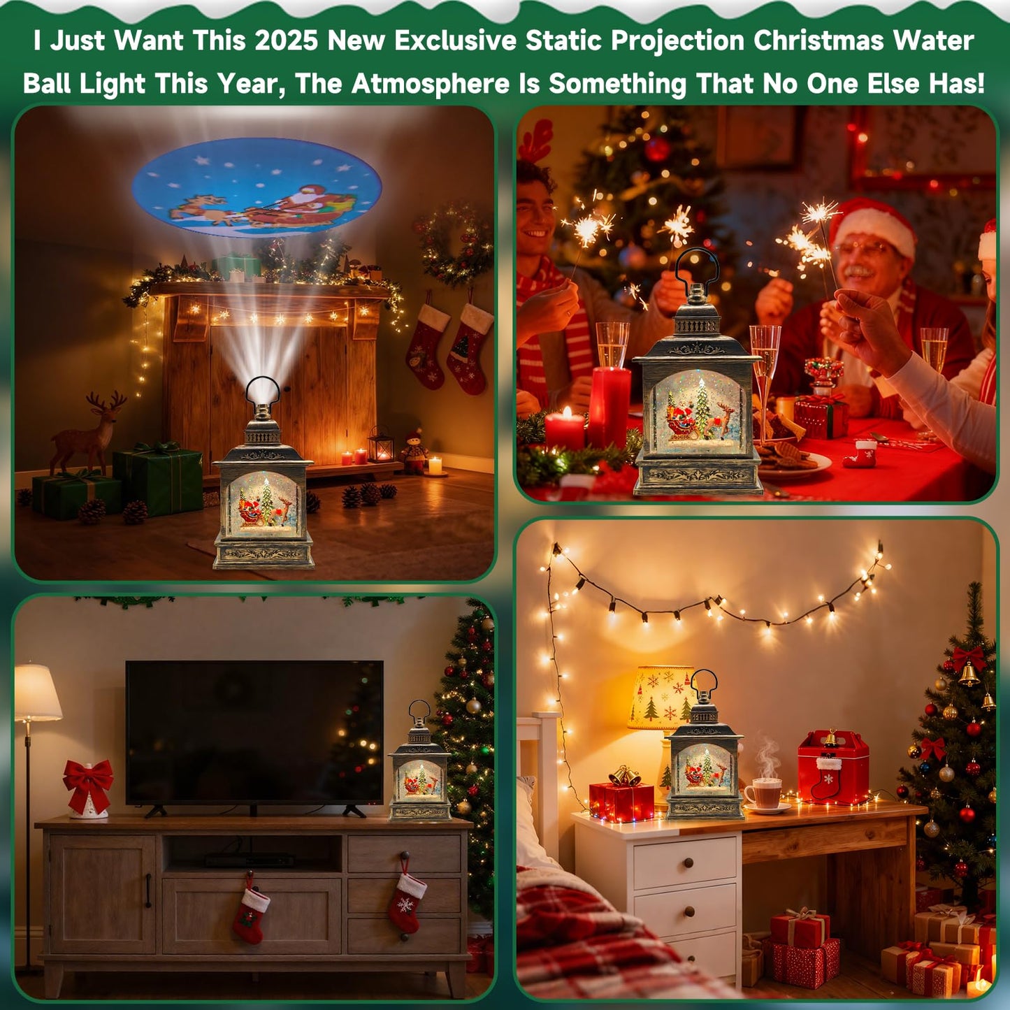 Christmas Snow Globes Lantern Lighted Water Glittering,with Santa Claus Projection/6H Timer/Music,Christmas Decorations Indoor-USB/Battery Operated-Gifts for Kids Adults-with Snow Scene Background