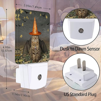 Halloween Decorations Cat Night Light, Bat Wings Plug into Wall with Dusk to Dawn Light Sensors, Warm Nightlights for Bedroom, Bathroom, Hallway, Kitchen, Gifts Ideal for Boys Girls Women Men