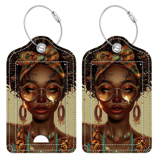Bvkilrvc 2 Pcs Luggage Tag for Suitcase, Black Girl Blonde Unique Leather Suitcase Tags with Full Privacy Cover Stainless Steel Loop for Women Men Travel Baggage Bag Backpack
