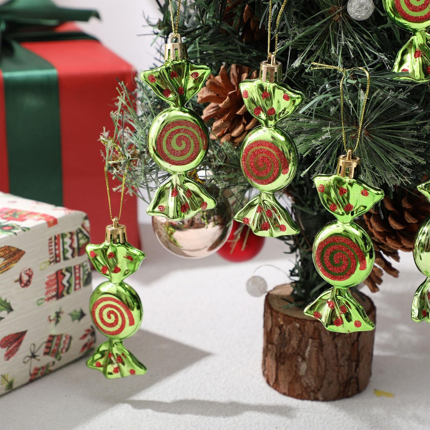 Threan 12 Pcs Christmas Candy Ornaments for Tree Decoration Hanging Glitter Candy Cane Christmas Peppermint Ornament with Golden Rope for Xmas Holiday Decoration(Green with Red,Plastic)