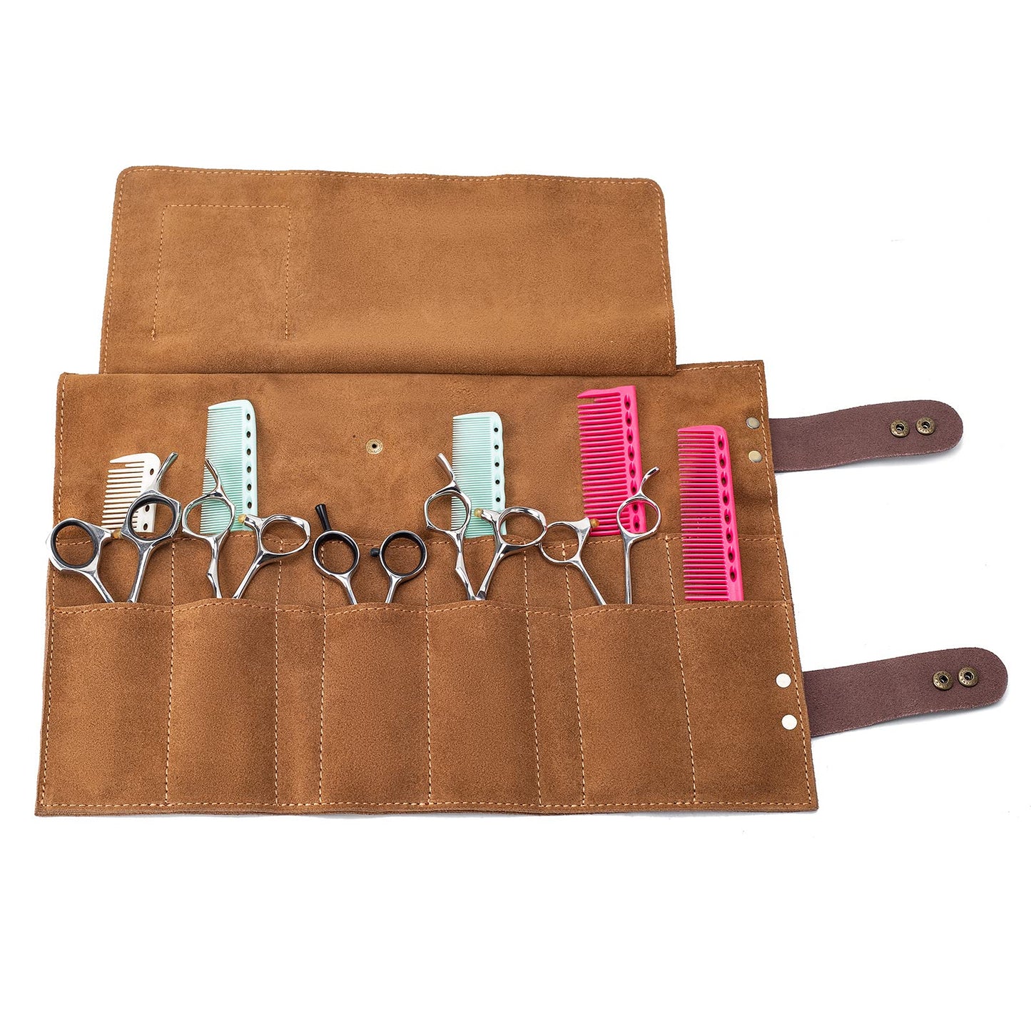Hair Stylist Scissor Holder Pouch Cases for Hairdressers, Real Leather Scissor Roll Up Bag, Salon Tools Organizer for Barber Hairdresser (V-001-Brown)