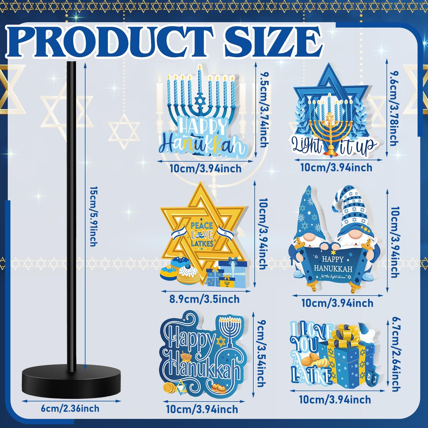 Shellwei 6 Pcs Hanukkah Table Decorations Decor Happy Hanukkah Wood Table Sign Chanukkah Party Decor for Home Indoor Centerpiece Menorah Dreidel Star of David (Fresh Style)