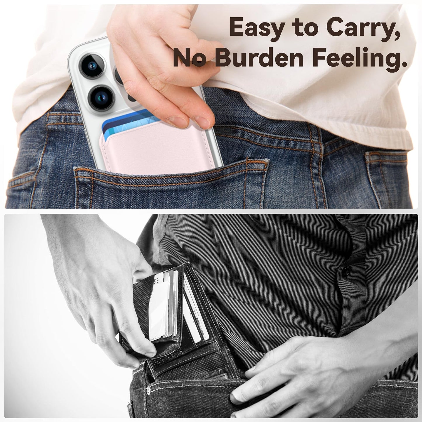 KRTALS Magnetic Wallet Cell Phone Card Holder for Phone Case, Stronger Magnetic RFID Leather Phone Wallet Stick on Series of iPhone 12/13/14/15/16/17 and Pro/Promax, Light Pink