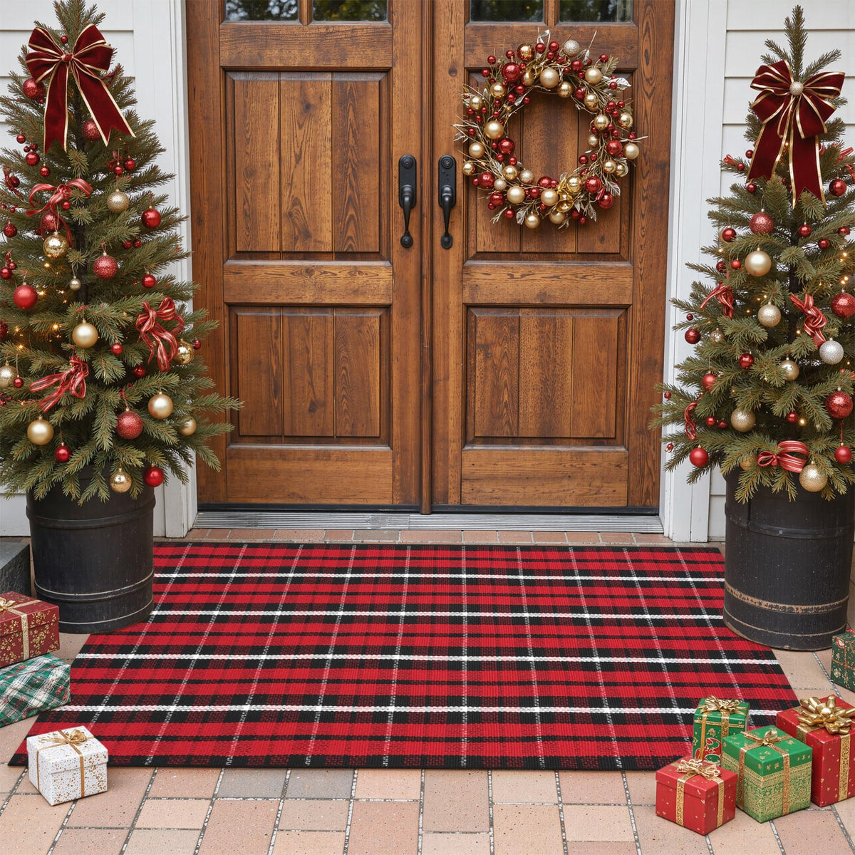 LEEVAN Christmas Outdoor Rug 2x4, Xmas Buffalo Plaid Washable Small Front Porch Door Mat, Black and Red Checkered Entryway Rug, Woven Welcome Doormat for Layered Kitchen Bathroom Holiday Decor Carpet