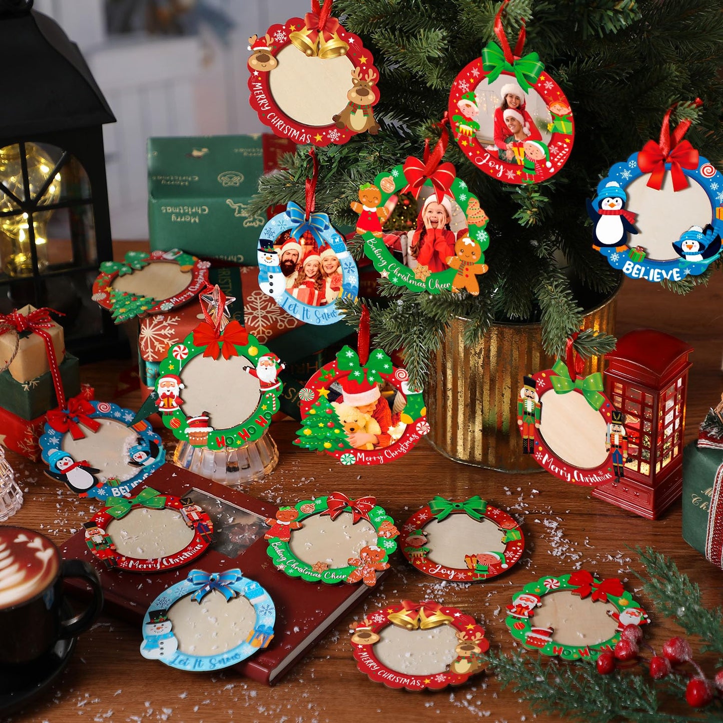 Yalikop 16 Pcs Christmas Photo Frame Ornaments Wooden Nutcrackers Santa Snowman Snowflake Picture Frame Tree Decoration DIY Photo Keepsakes for Xmas Party Decorations Winter (Cute)