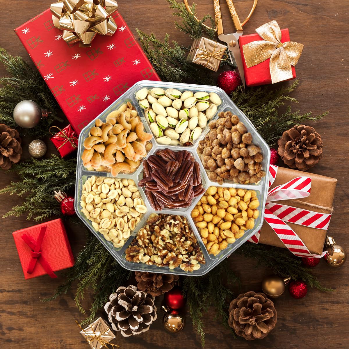 Nuts gift Basket - Delicious Mixed Cravings Gourmet Collection, Features 7 Sectional Platter with Freshly Roasted Nuts