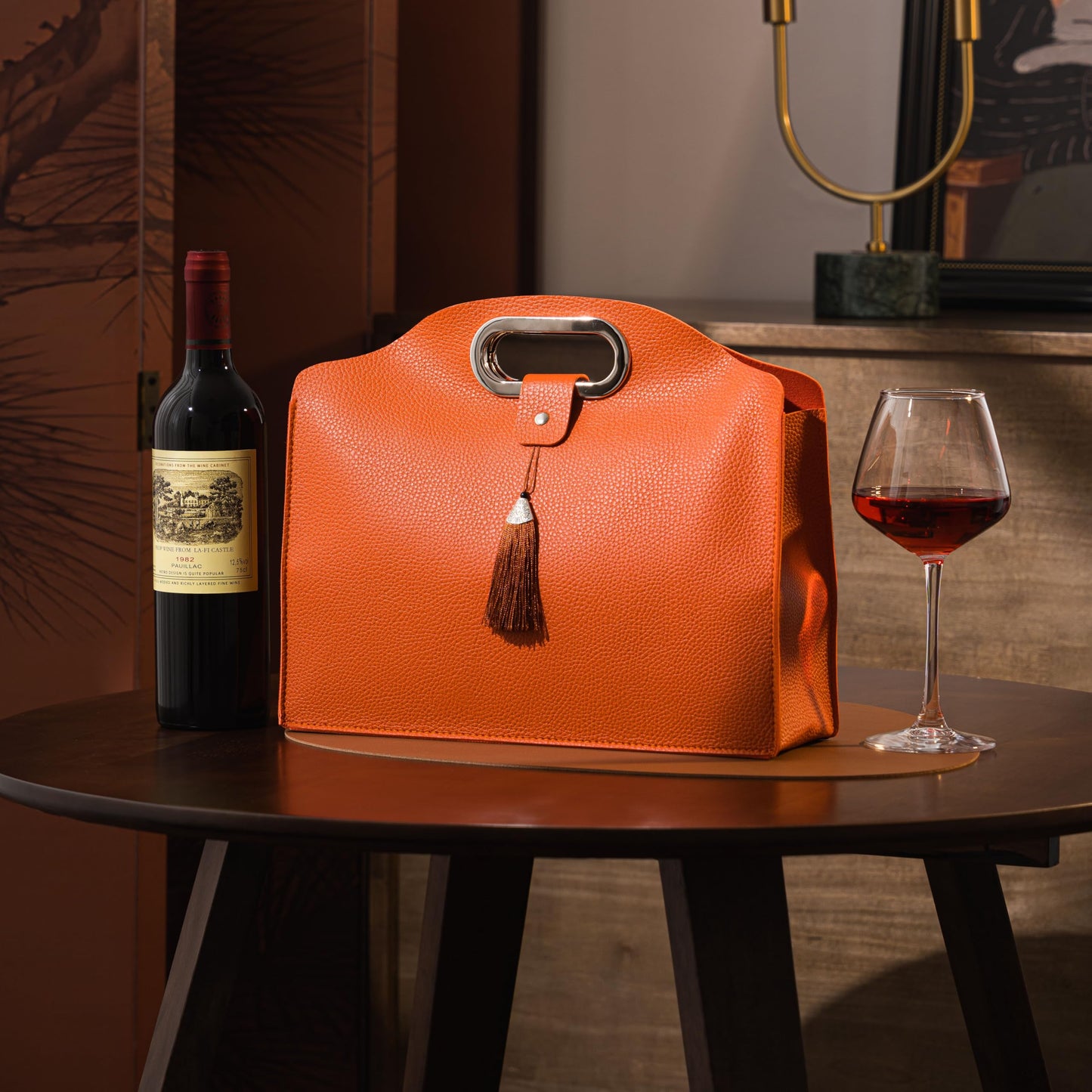 HiCrast Orange Leather Wine Tote Bag – 13x11x4 inch Portable Wine Carrier with Built-In Divider for 1-2 Bottles, Elegant Wine Travel Bag and Double Wine Gift Bag for Weddings, Parties & Picnics