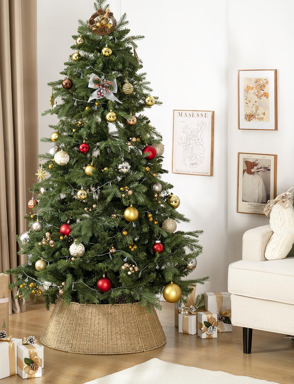 StorageWorks 26 Inch Christmas Tree Collar, 5-Piece Durable Seagrass Christmas Tree Skirt for Home Decor, Handcrafted Tree Base Cover for Artificial Trees, Large