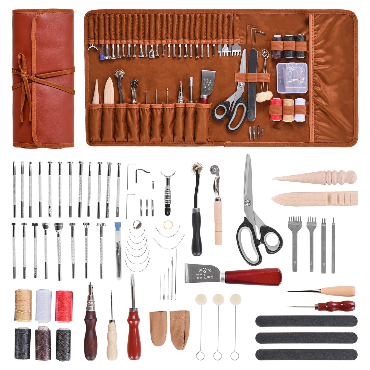 VEVOR Leather Working Tools Kit, 72 PCS with Portable Leather Storage Bag, Engraving Punching Sewing Stamping Sanding Tools, Ideal for Beginners DIY Enthusiasts and Professionals