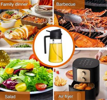 Oil Dispenser Bottle Glass Olive Oil Sprayer 2 Pcs: 2 in 1 Olive Oil Dispenser Bottle, Premium Oil Sprayer for Cooking, Glass Oil Spray Bottle for Air Fryer Salad BBQ Baking-470ml