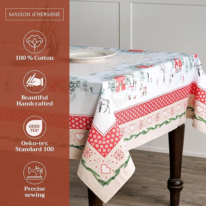 Maison d' Hermine Table Cloth Square Table 100% Cotton 60 x 60 Inches Fall Tablecloth Reusable Everyday Use for Thanksgiving Christmas Decorations Dining Farmhouse Party (Rural Christmas)