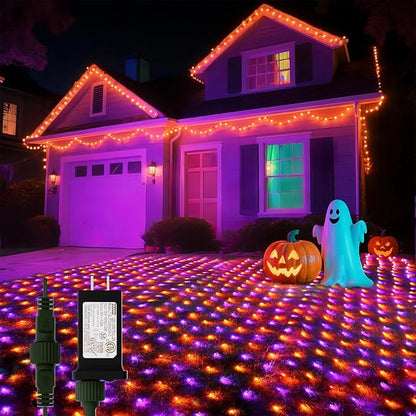 LitHome 14.8FT x 5FT Halloween Net Lights, 300 LED Purple Orange Bush Lights with 8 Modes, Connectable Waterproof Net Mesh Light Dark Green Wire for Bushes Shrubs Trees Outdoor Holiday Decor