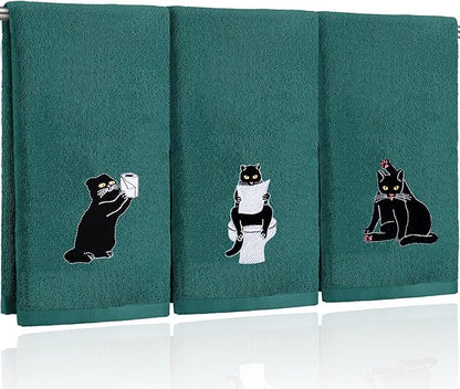 3 Pcs Cat Hand Towels for Bathroom Decor Funny Embroidered Black Cat Halloween