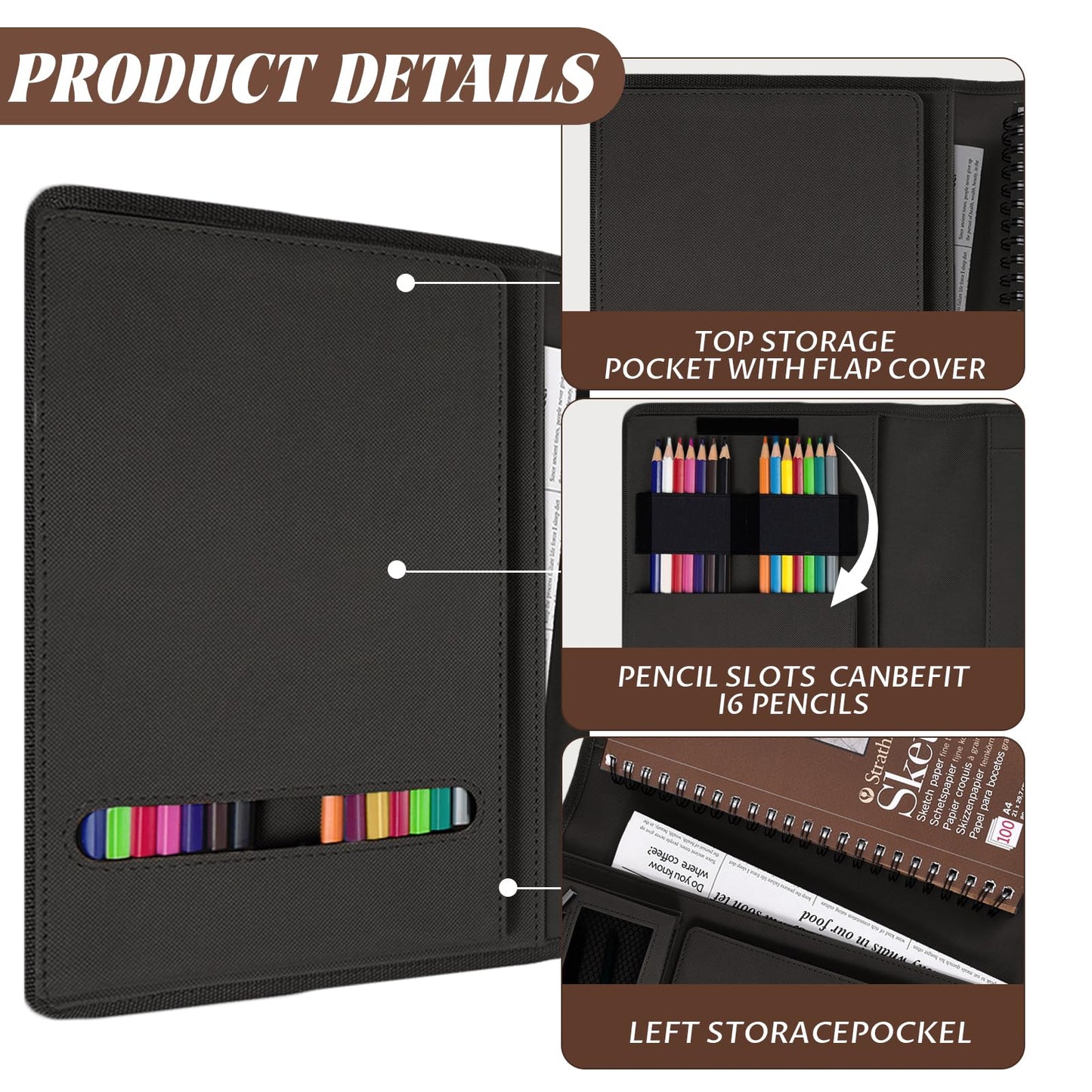 Plinyvel Travel Sketch Case & Cover: Leather Organizer Fits 5.5x8.5 Sketch Book & Spiral Pad | All-in-One Art Kit with Pencil Holder | Compact for Artists, Beginners & Travel (Black)