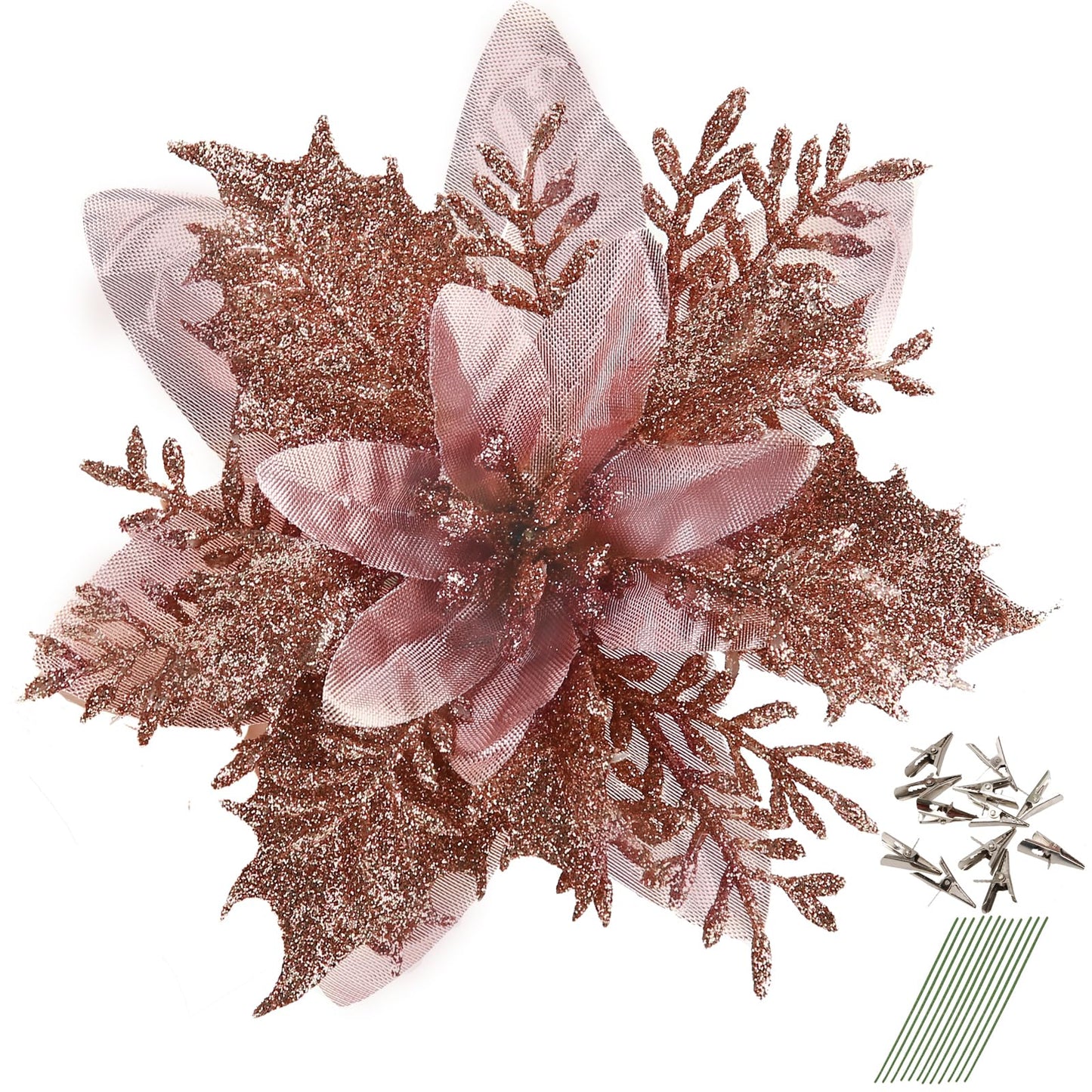 GREENTIME 12 Pcs Glitter Poinsettia 5.5" Artificial Flowers Christmas with Clips Stems Xmas Tree Ornaments for New Year Party Stairs Fireplace Porch Balcony Garden Church Wreath Decoration (Champagne)