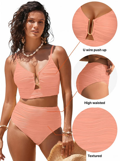 Herseas Womens Sexy U Wired Ruched Push Up Two Piece Bikini Tummy Control Bathing Suits High Waisted Cutout Adjustable Straps Flattering Swim Suits Casual Resort Wear Apricot Pink Medium